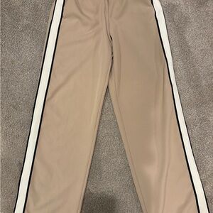 Tan Track Pants with White and Black Stripes
